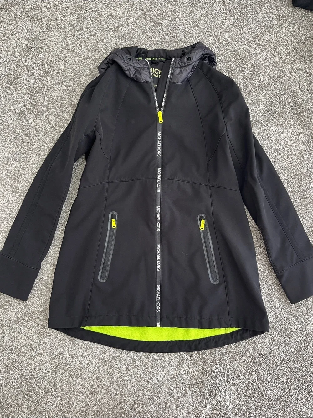 Michael Kors Black and Neon Green Soft Shell Fleece Lined Jacket